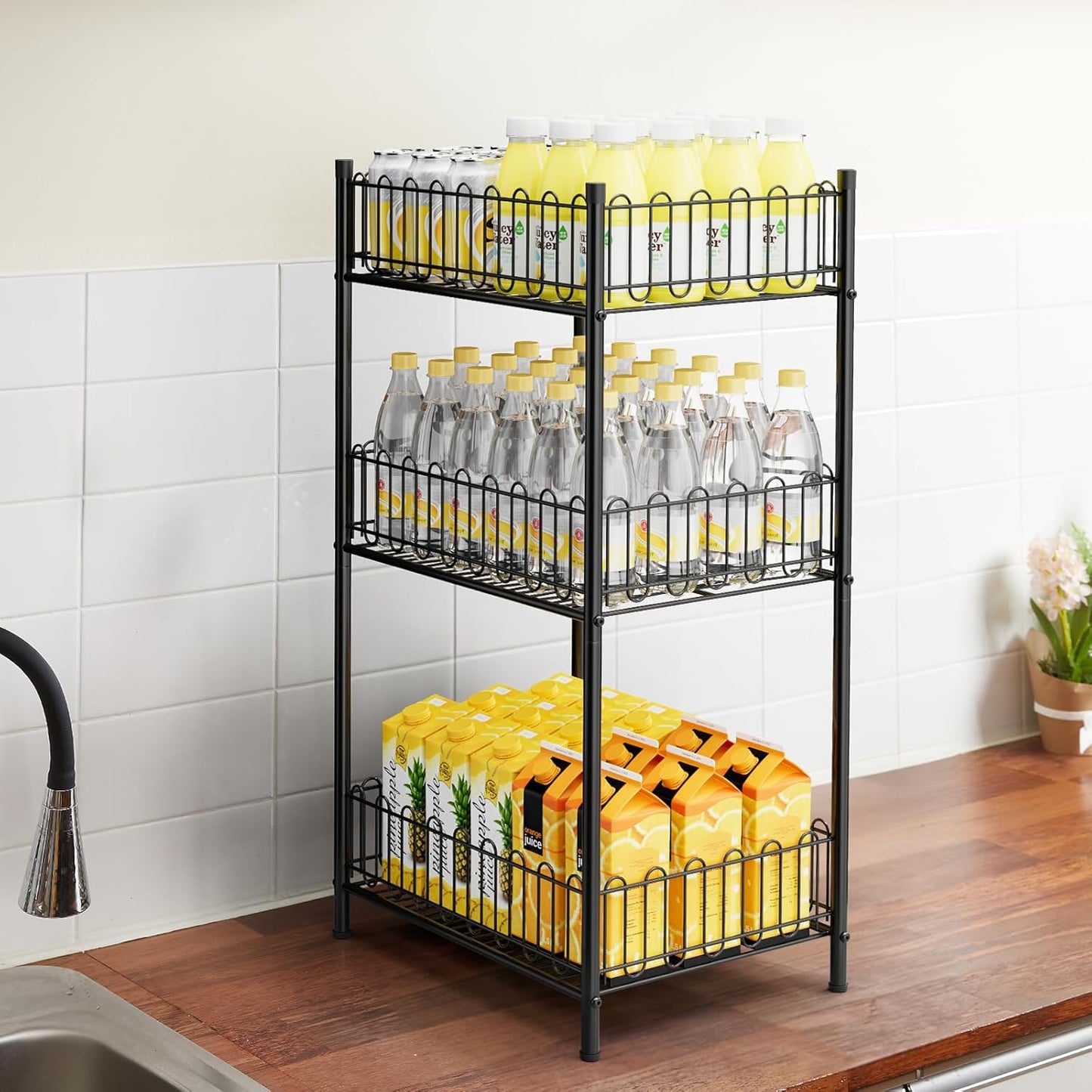 OYEAL Water Bottle Holder Rack 3 Tier Soda Drink Organizer Vertical Metal Food Storage Shelf for Kitchen Countertop Pantry, Can Storage Organizer for Pantry