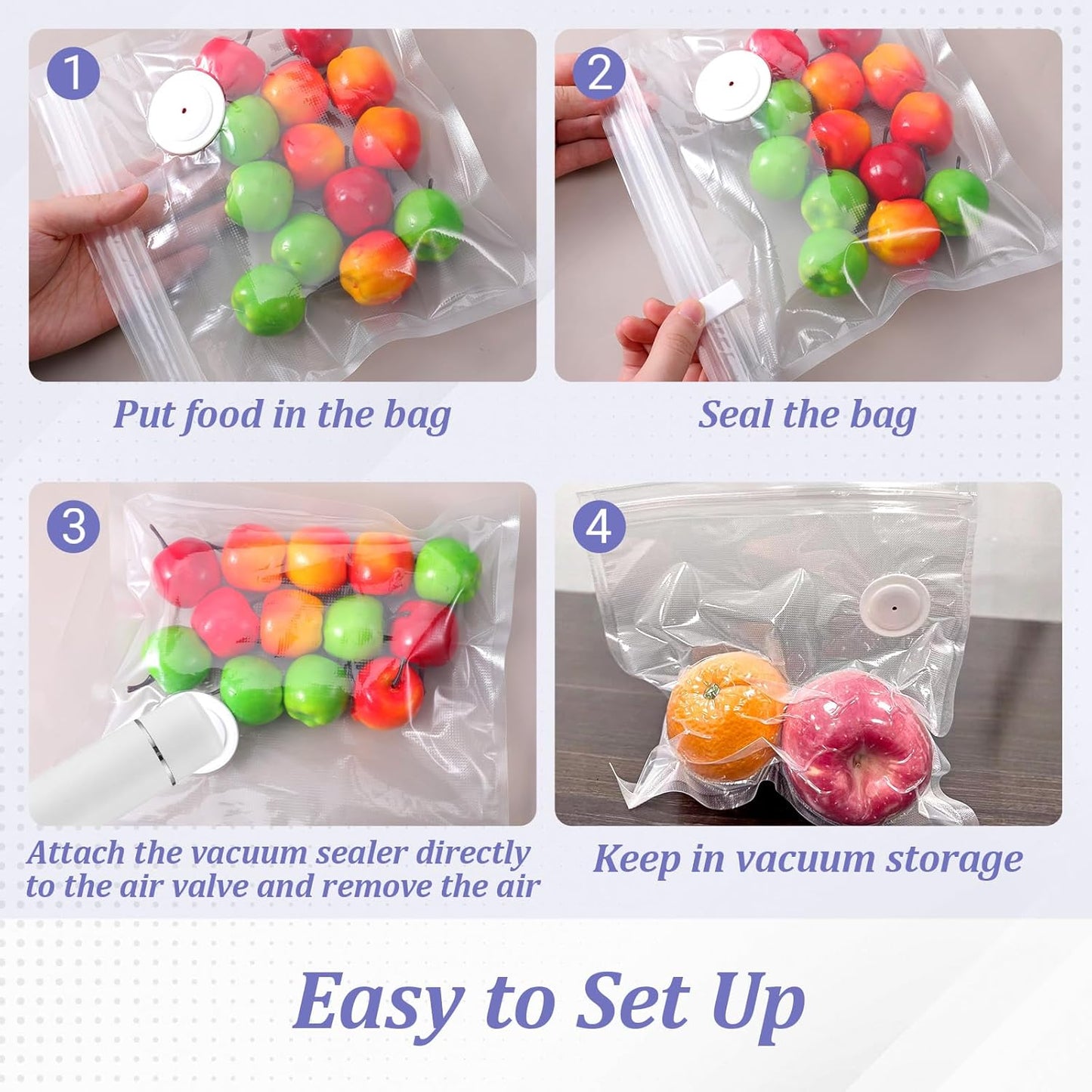 40 Packs Vacuum Sealer Bags Air Valve Vacuum Sealing Bags Vacuum Storage Seal Bag for Food Saver, Resealable Meal Bags with Air Valve with 4 Seal Clips