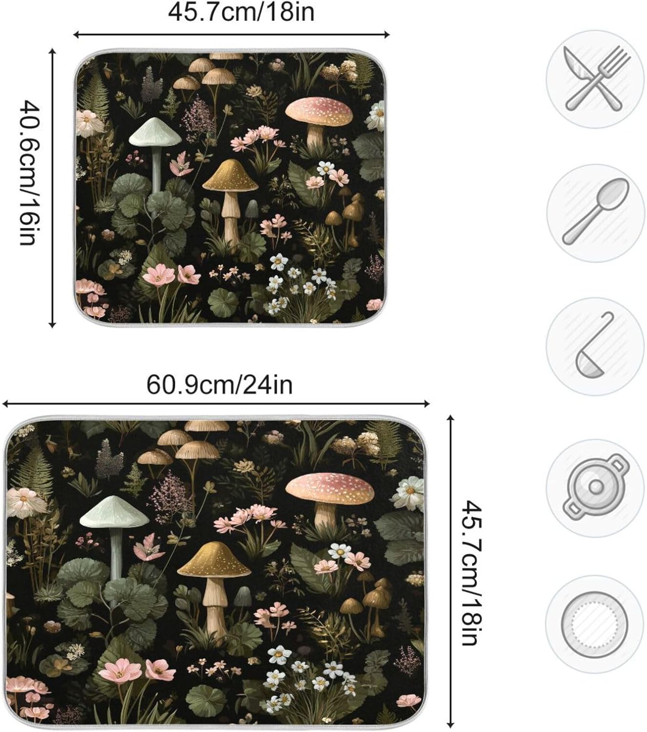 Mushrooms White Pink Flowers Dish Drying Mat for Kitchen Counter Super Absorbent Dishes Pad Reversible Microfiber Protector Dish Draining Mats 18x24 inch