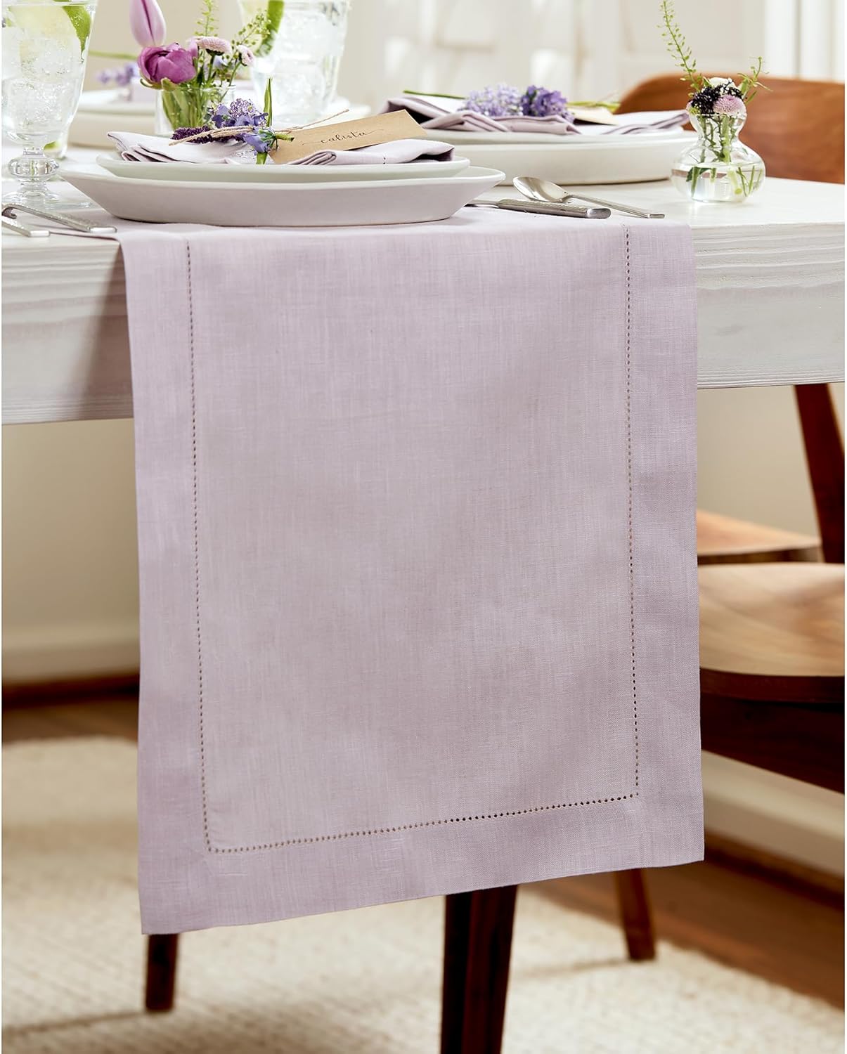 Solino Home Linen Table Runner 48 Inches - 100% Pure Linen Lilac Hemstitch Table Runner 14 x 48 Inch Ideal for Dresser and Coffee Tables - Classic Hemstitch
