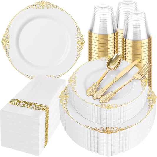 Hioasis 350pcs White and Gold Plastic Plates - Elegant Disposable Dinnerware Set Include 10.25" Dinner & 7.5" Dessert Plates, Knives, Forks, Spoons, Napkins, Cups for Party & Thanksgiving