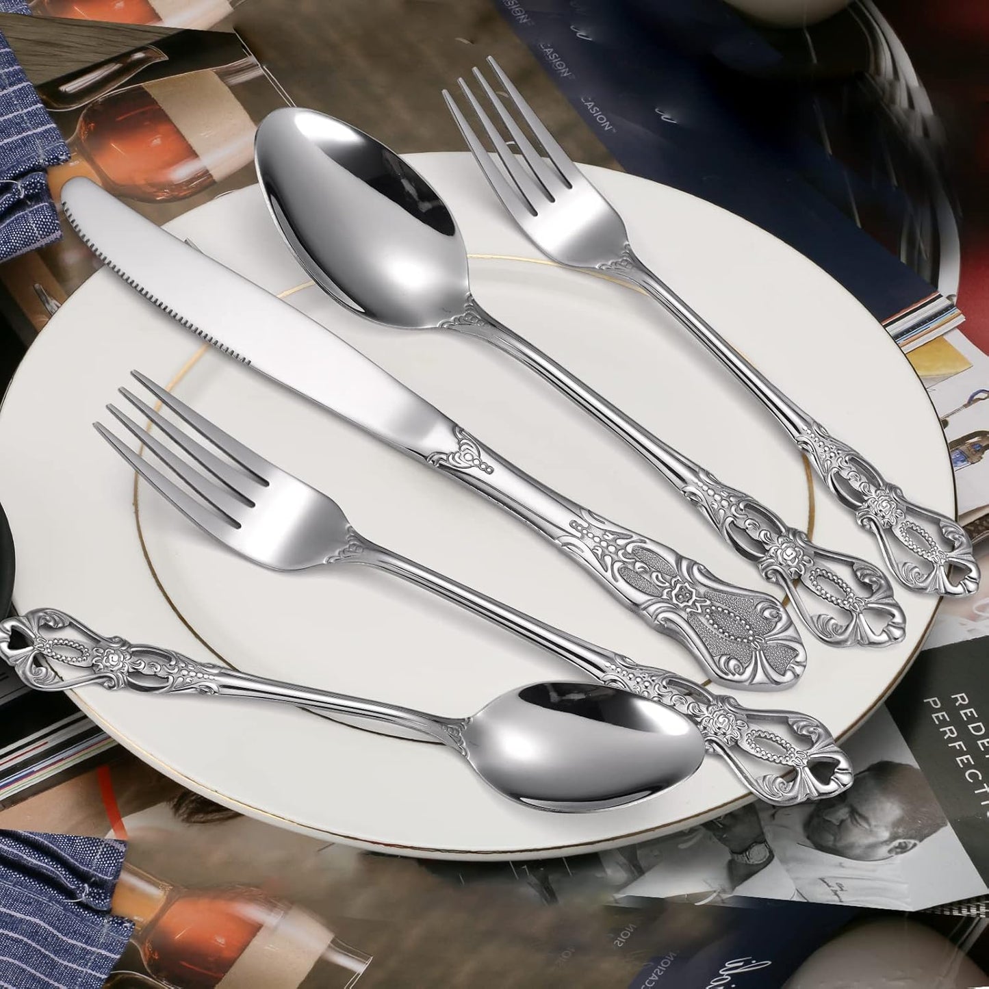 Retro Royal Silverware Silver Flatware Set for 4 Stainless Stainless Forks Spoons Knives 20 Pieces Retro Kitchen Utensils Restaurant Home and Festival Parties Durable