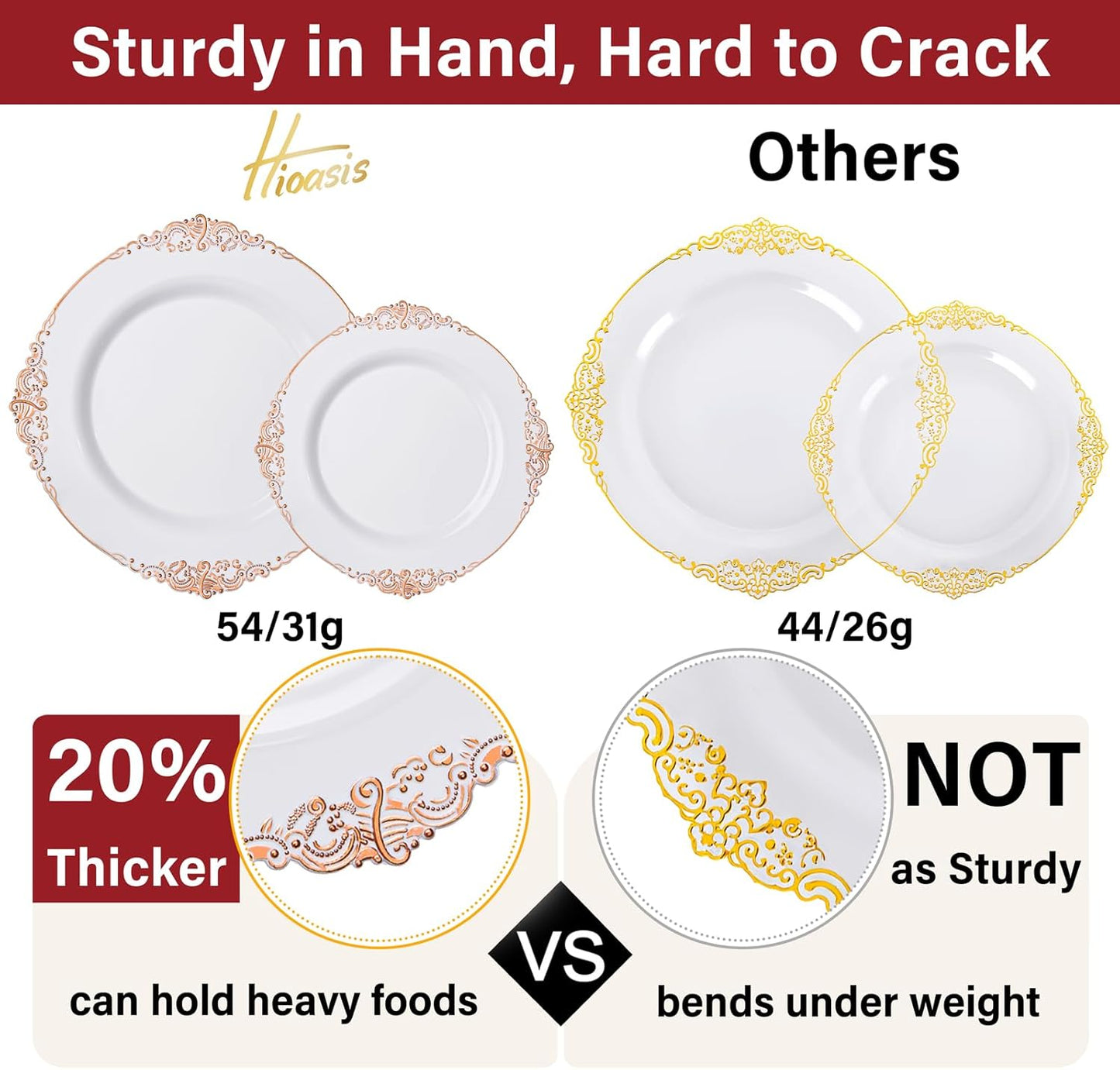 Hioasis 350pcs Rose Gold Plastic Plates - Elegant Disposable Dinnerware Set Suitable for 50 Guests Include 10.25" Dinner & 7.5" Dessert Plates, Pre Rolled Silverware Set, Cups for Party & Thanksgiving