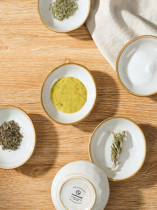 famiware Ocean Soy Sauce Dishes of 6, Oval Dipping Sauce Cups/Bowls/Dishes for Kitchen, 2.1oz Ceramic Small Bowls for Side Dish, Appetizers, Snacks, and Sushi, Reactive Glaze, Cappuccino White