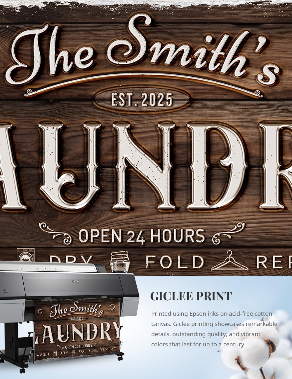 IPIC - Personalized Laundry Room Sign, Custom Canvas Wall Art with Family Name, Rustic Home Decor Printed Acid-Free Cotton Canvas for Business and Home, Made in USA and Ready to hang for Laundry Decor