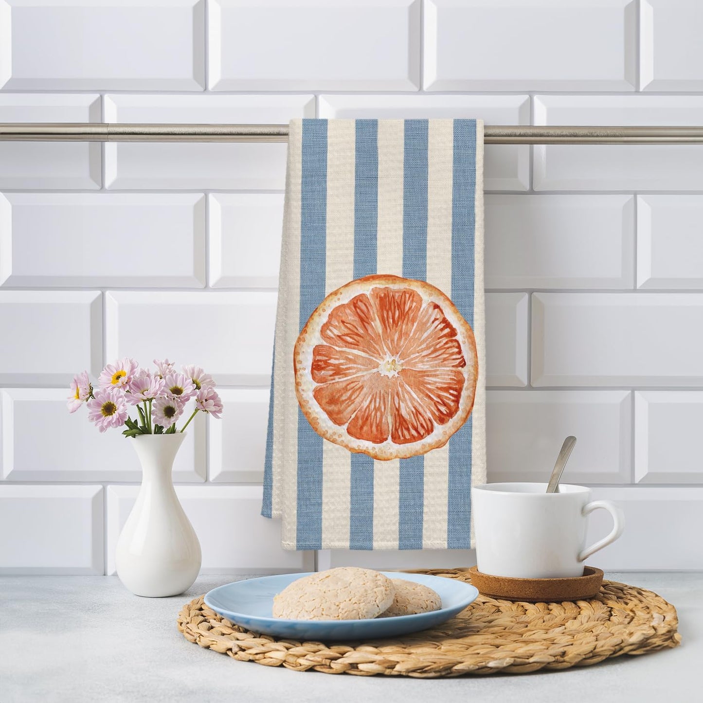 Grapefruit Fruit Kitchen Towels, Blue and White Striped Grapefruit Dish Tea Towel for Kitchen Decor, Fruit Lover Gifts Decorative Hand Towels for Bathroom, 16x24 Inch