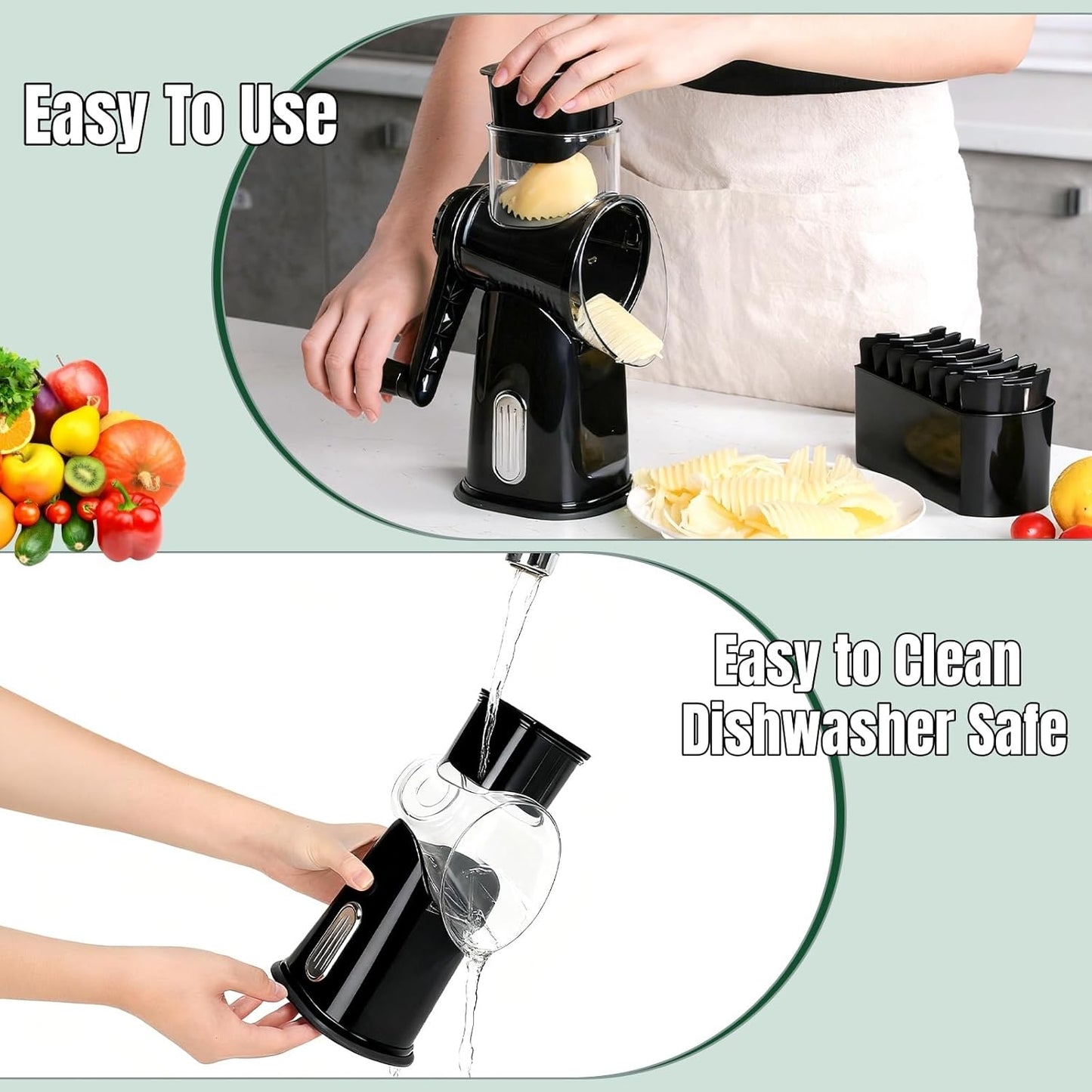 Rotary Cheese Grater with Handle, Manual Vegetable Slicer Grater with 5 Detachable Stainless Steel Blades, Round Grater Slicer Hand Crank Food Chopper for Kitchen with Blade Storage Box