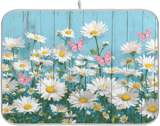 Daisies Flower Pink Butterflies Dish Drying Mat for Kitchen Counter Super Absorbent Dishes Pad Reversible Microfiber Protector Dish Draining Mats 16x18 inch