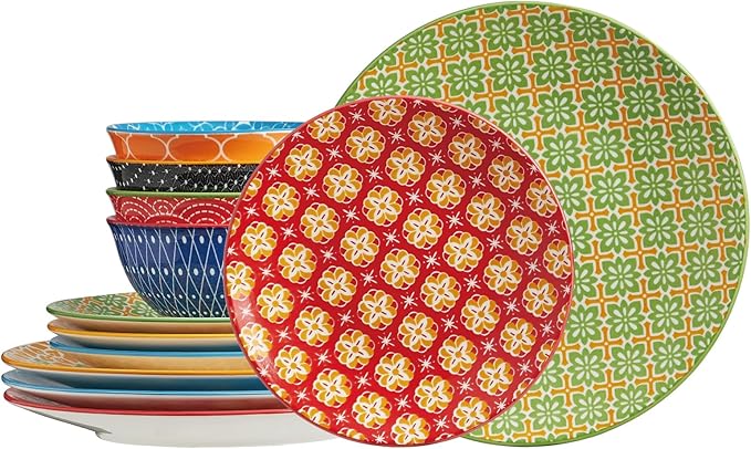 ONEMORE 12 Piece Ceramic Dinnerware Set for 4, Porcelain Plates and Bowls Set - Microwave, Dishwasher & Oven Safe, Durable Everyday & Formal Use, Colorful Stoneware Dish Set