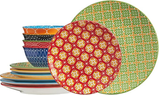 ONEMORE 12 Piece Ceramic Dinnerware Set for 4, Porcelain Plates and Bowls Set - Microwave, Dishwasher & Oven Safe, Durable Everyday & Formal Use, Colorful Stoneware Dish Set