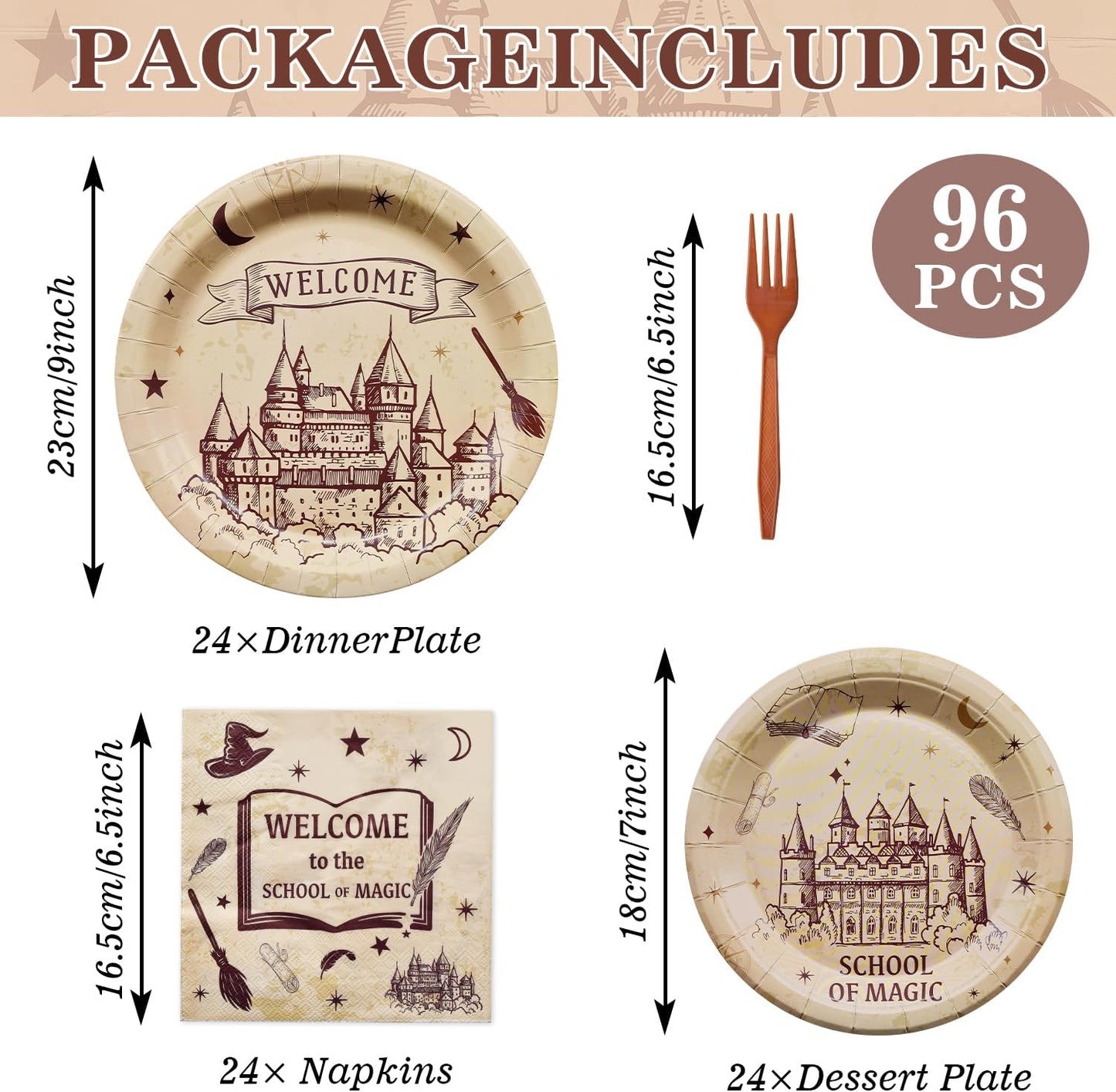 96 Pieces Wizard School Tableware Set – Magical Castle Disposable Dinnerware with Paper Plates, Napkins, Forks for Birthday, Halloween Events, Fantasy Celebrations for Kids Boys Girls Serves 24 Guests