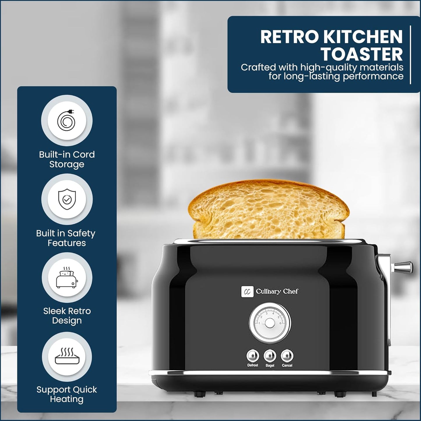 CULINARY CHEF, 2 Slice Toaster, Retro Style, Wide Slot for Bread, English Muffins, Croissants, and Bagels, 6 Adjustable Toast Settings, Cancel and Defrost, 900w, Black