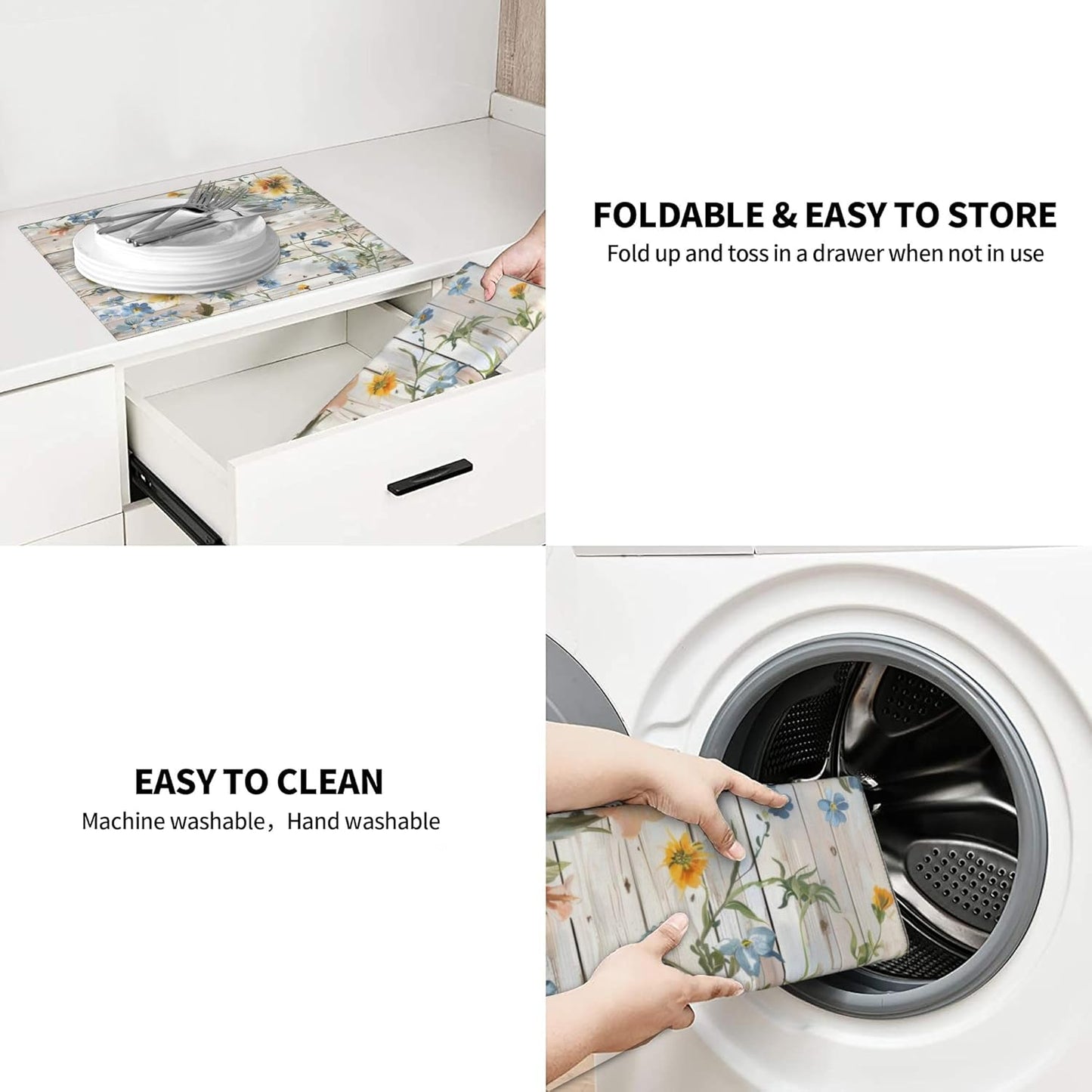 Flowers on Wooden Board Dish Drying Mat 16x18 Inch, Microfiber Absorbent Fast Dry Mat Floral Large Dish Mat Drying Kitchen Mat, Kitchen Drying Pad for Kitchen Counter Coffee Bar Decor Gifts