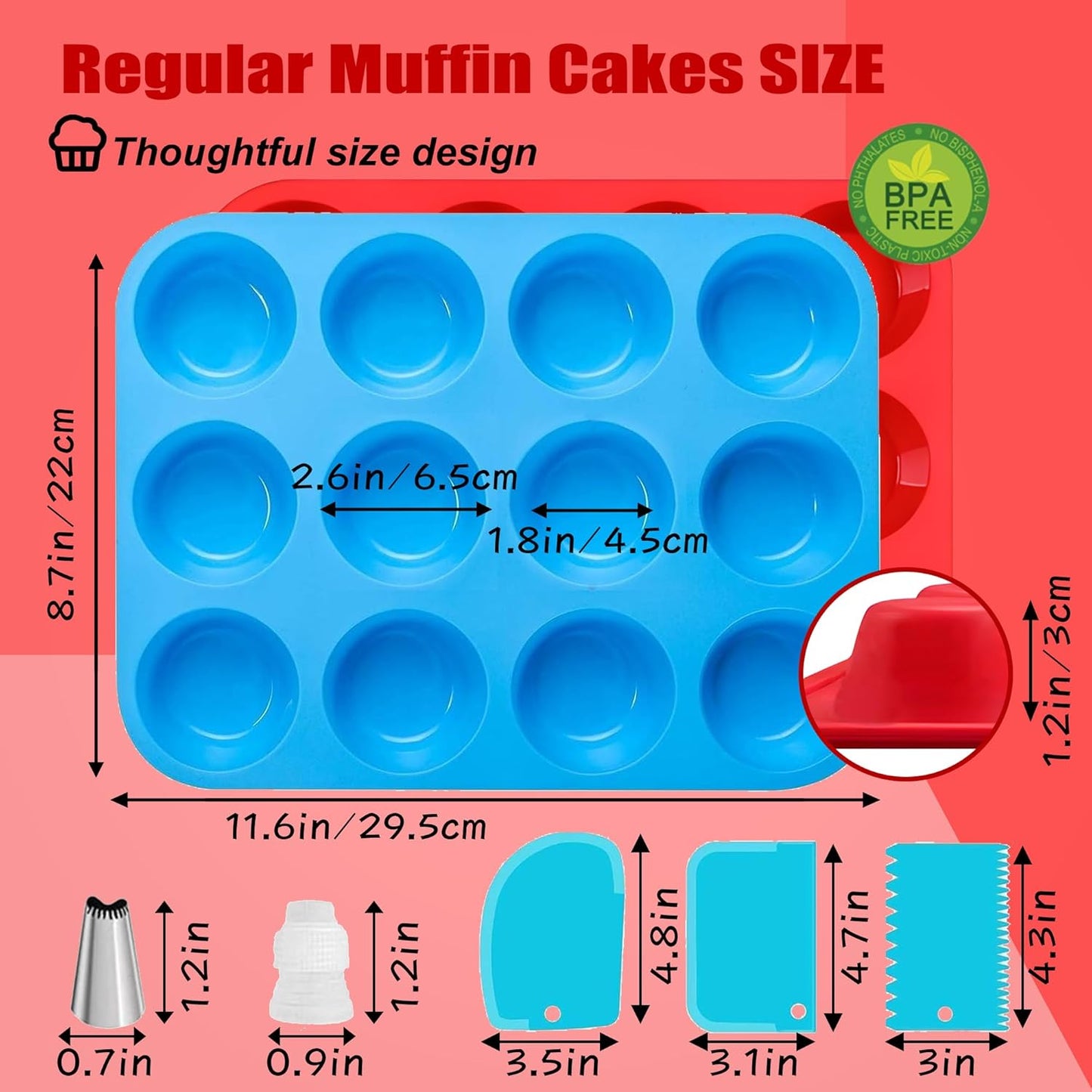 12 Cup Silicone Muffin Pan，Regular Size Cupcake Pan Great for Making Muffin Cakes, Bread, Tart - Piping Bags and Tips Set，Silicone Baking Cups-2 Pack
