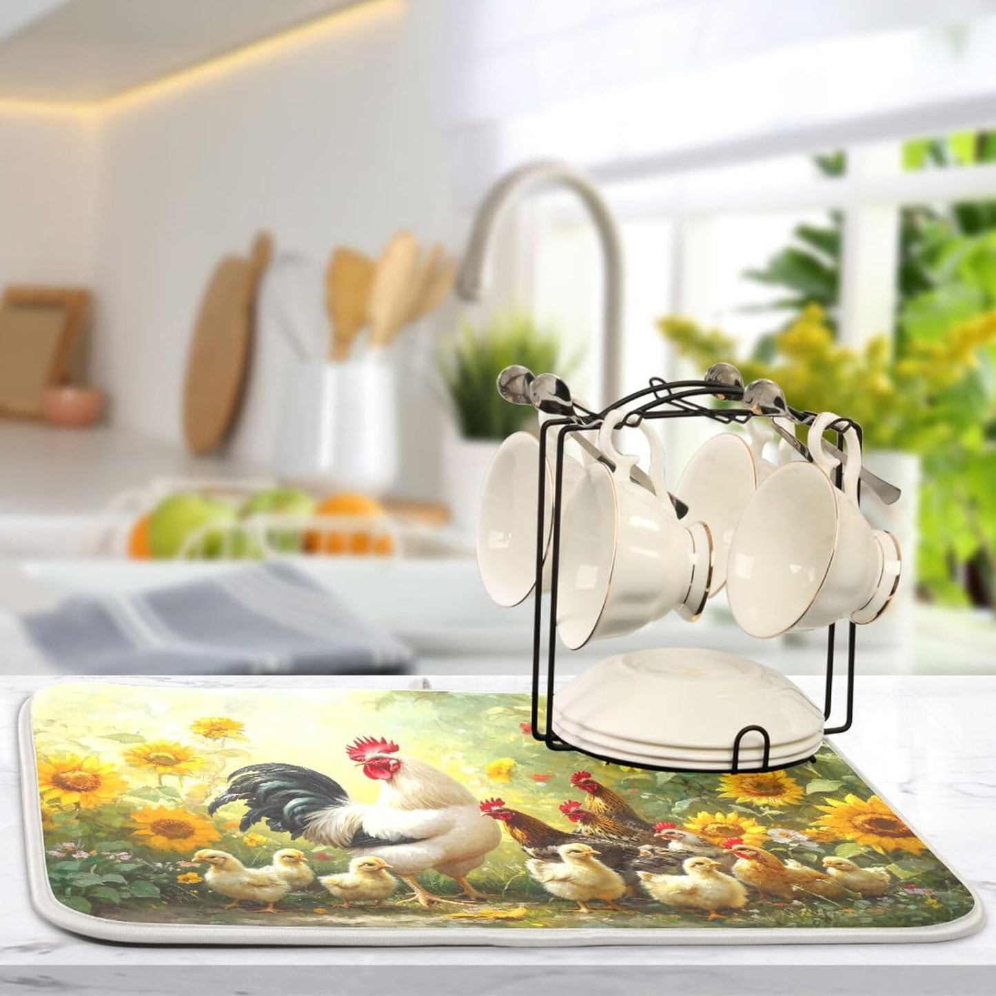 Chickens Pattern Dish Drying Mat for Kitchen Counter Super Absorbent Dishes Pad Reversible Microfiber Protector Dish Draining Mats 18x24 inch