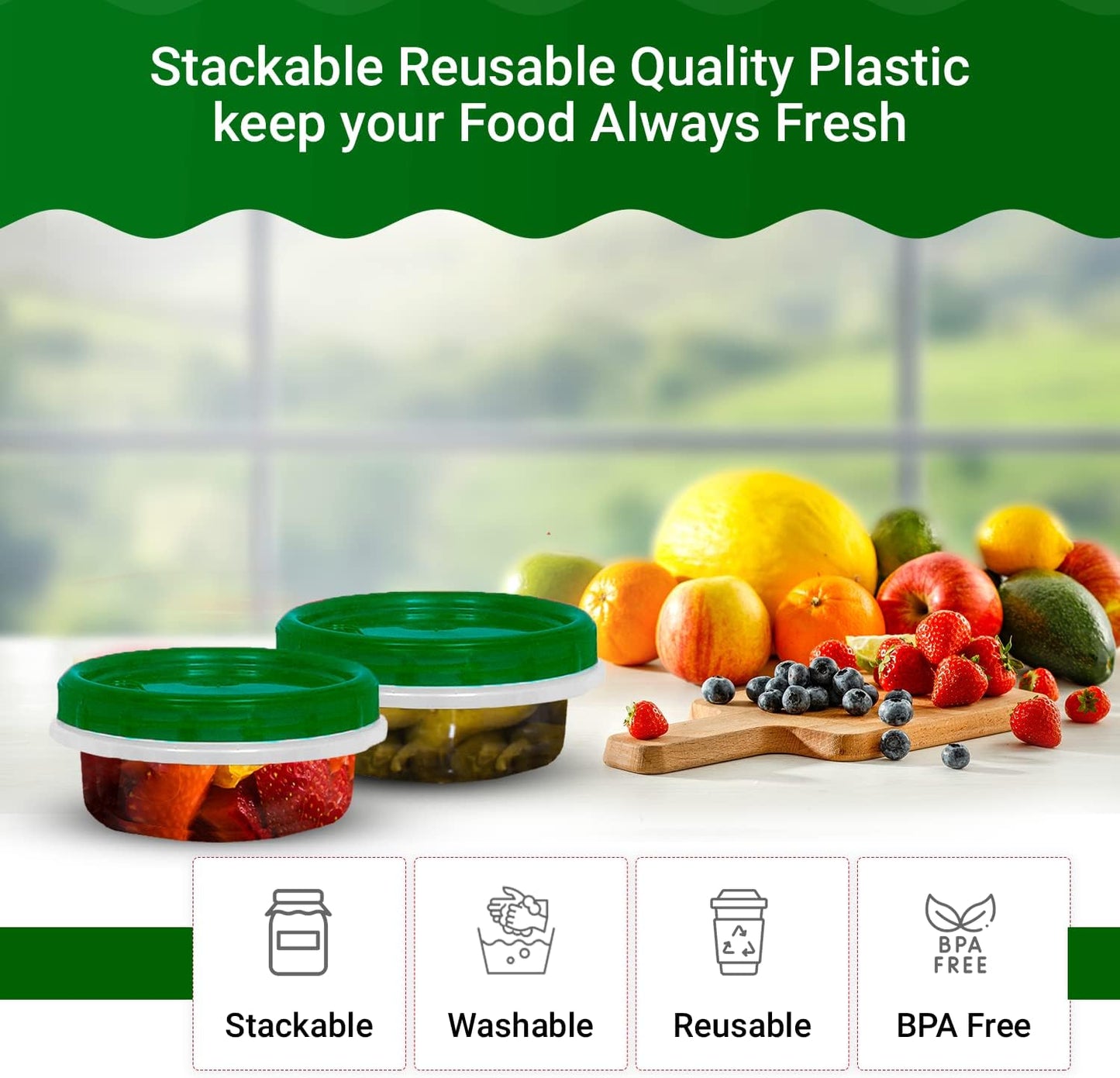 [Green - 12 Pk] Airtight Deli Containers with Lids Twist Lock Top Clear Food Storage for Meal Prep Snacks and Leftovers Freezer and Microwave Safe Stackable Leak-Resistant and 12 Pc. Set (8 Ounce)