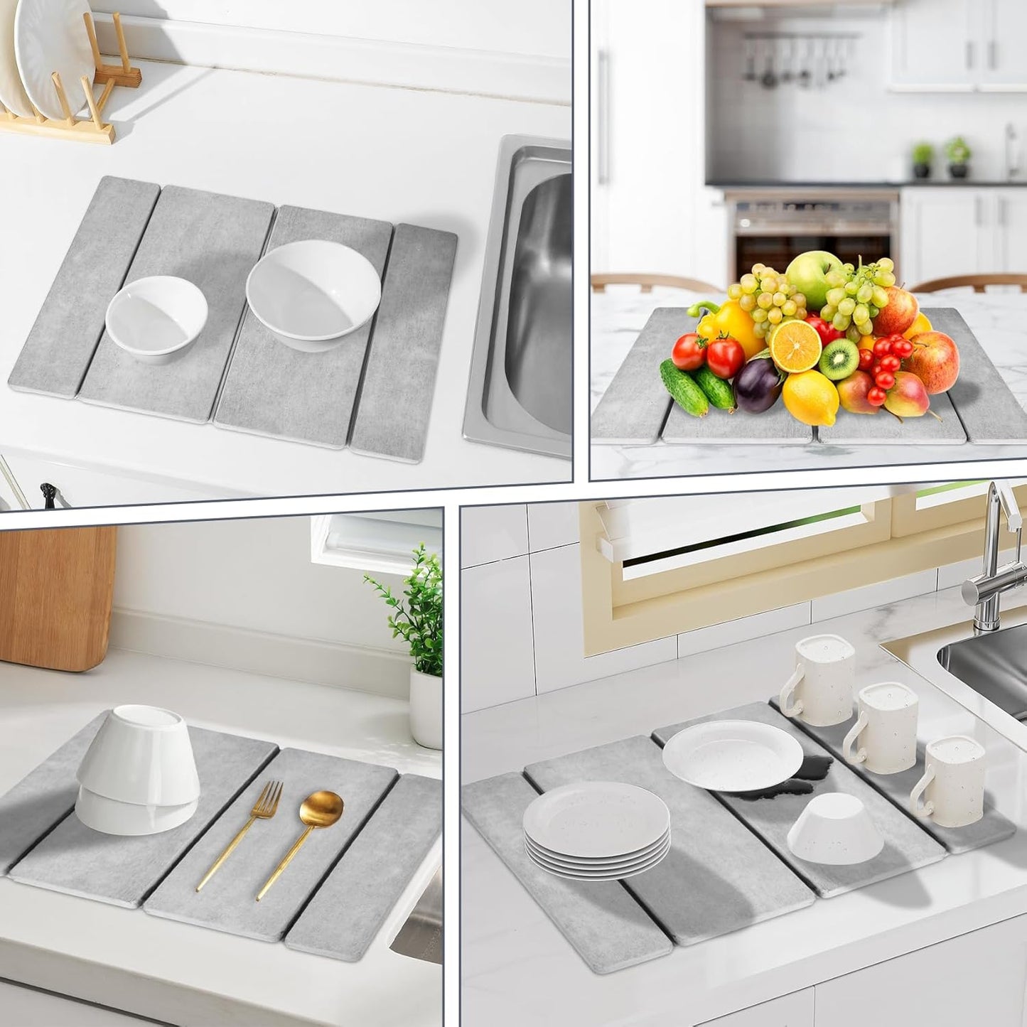 Stone Dish Drying Mat for Kitchen Counter，24x16 Collapsible Diatomaceous Earth Mats， Quick Drying Absorbent Dish Mat,Non-Slip Countertop & Bath Mat for Dishes Cups Bottles,Light Gray