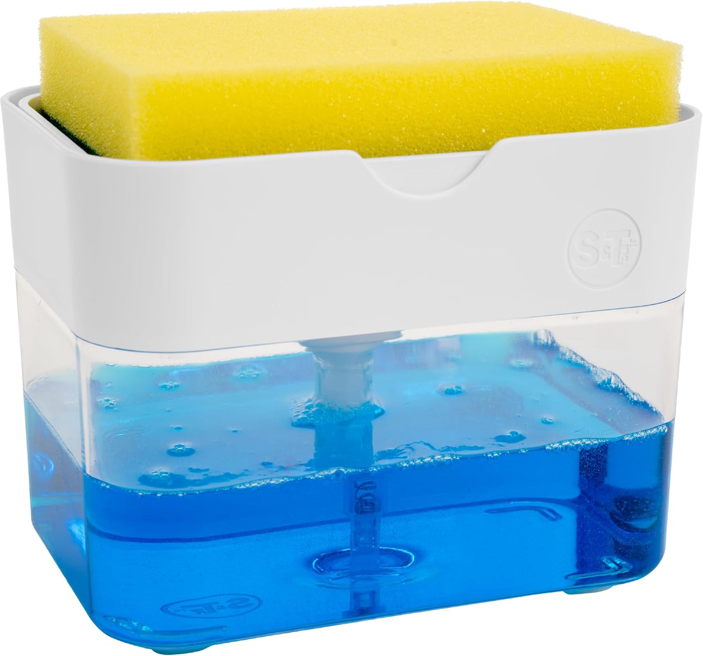 S&T INC. Dish Soap Dispenser and Sponge Holder for Kitchen Sink with Enhanced Features, Sponge Included, 13 Ounces, Matte White