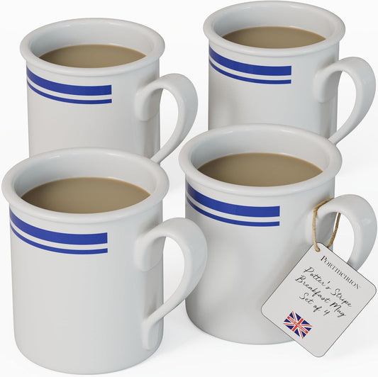Portmeirion Potter's 9oz Stripe Breakfast Mug (Set of 4) - Elegant Earthenware Tea Mugs with Handle, Microwave, Dishwasher & Freezer Safe - Classic Stripe Design, Ideal Gift for Coffee Lovers (Blue)