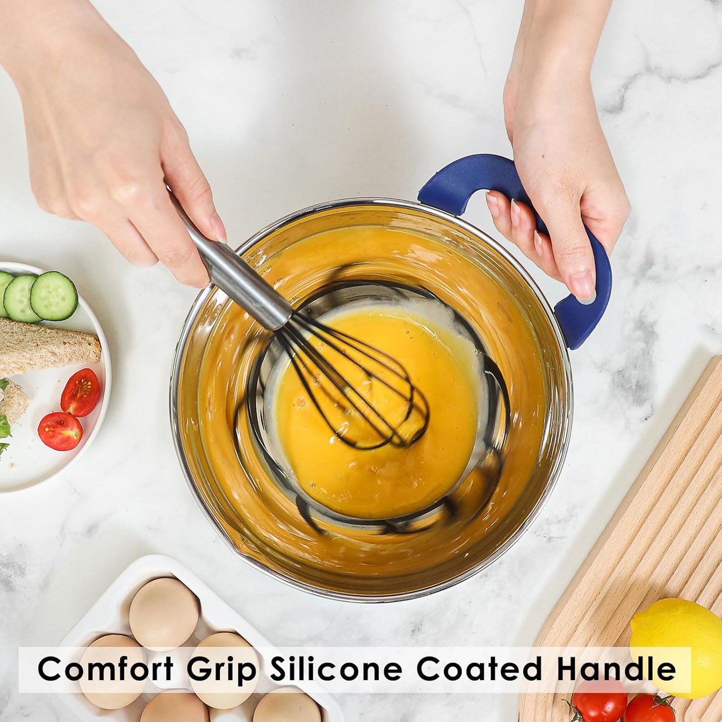 Rorence Stainless Steel Mixing Bowls: Stackable Mixing Bowl Set with Lids and Handles Non-slip Silicone Bottom Nesting Bowls for Kitchen Set of 3 - Blue