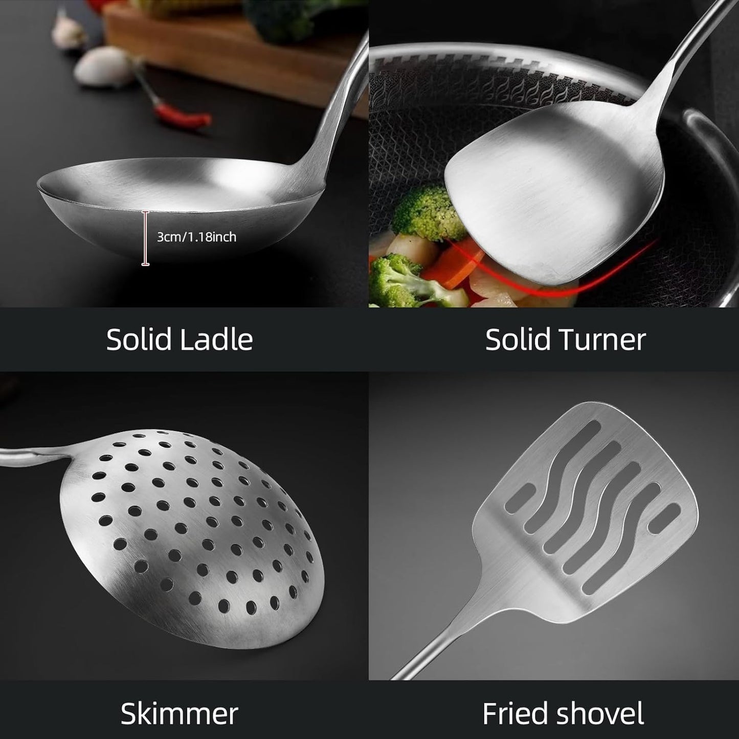 5 Pieces Cooking Utensils set, 18/8 Stainless Steel Kitchen Utensil Set with Rotating Holder (Dishwasher Safe)