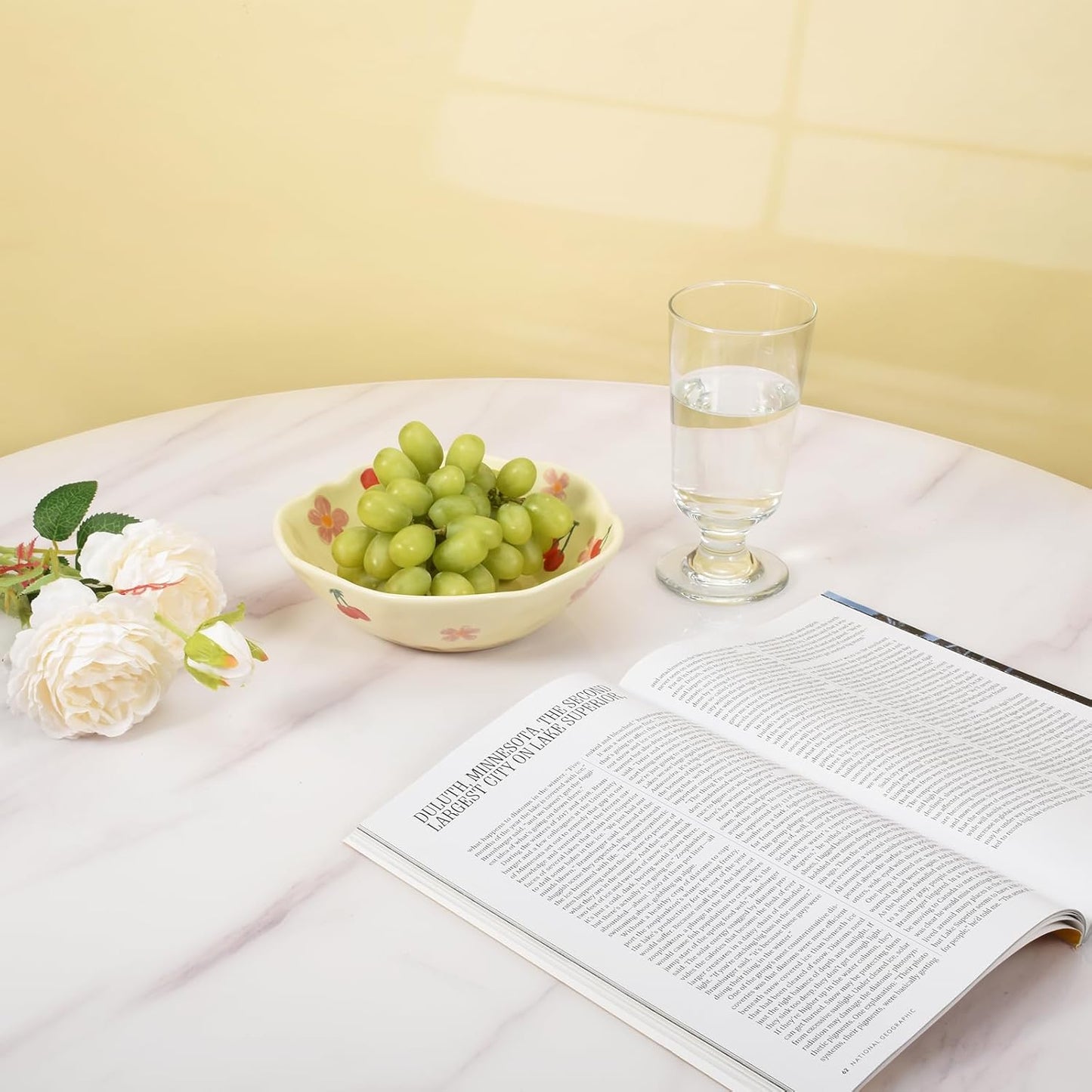 Koythin Salad Bowls, Cute Cherry Flower Ceramic Bowls, Cream Yellow Serving Bowl for Pasta, Cereal, Fruit, Soup, Rice, Dishwasher and Microwave Safe (Cherry Set of 1)