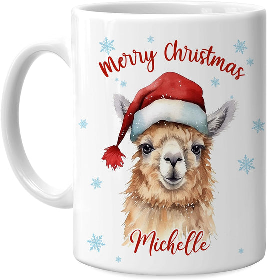 Hyturtle Personalized Gifts Llama Lover - Llama Wearing Santa Hat Custom Name Ceramic Coffee Mug Cup 11oz - Cute Animal Lovers Gifts For Women, Girl kids Family On Birthday, Christmas