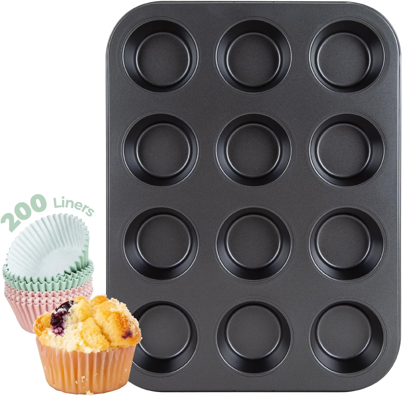 CARTMAN 1 Muffin Pan with 200 Cupcake Liners, Nonstick 12-Cup Muffin Tin, Carbon Steel Cupcake Pan for Baking Muffins, Egg Bites, Brownies & More