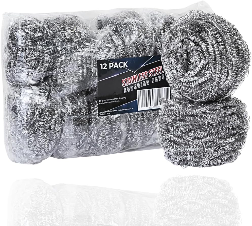 Brheez Stainless Steel Cleaner Scouring Pads [12 Pack] - Industrial & Commercial Strength Large Cleaning Supplies Dish Sponge - Individually Wrapped 50 Gram
