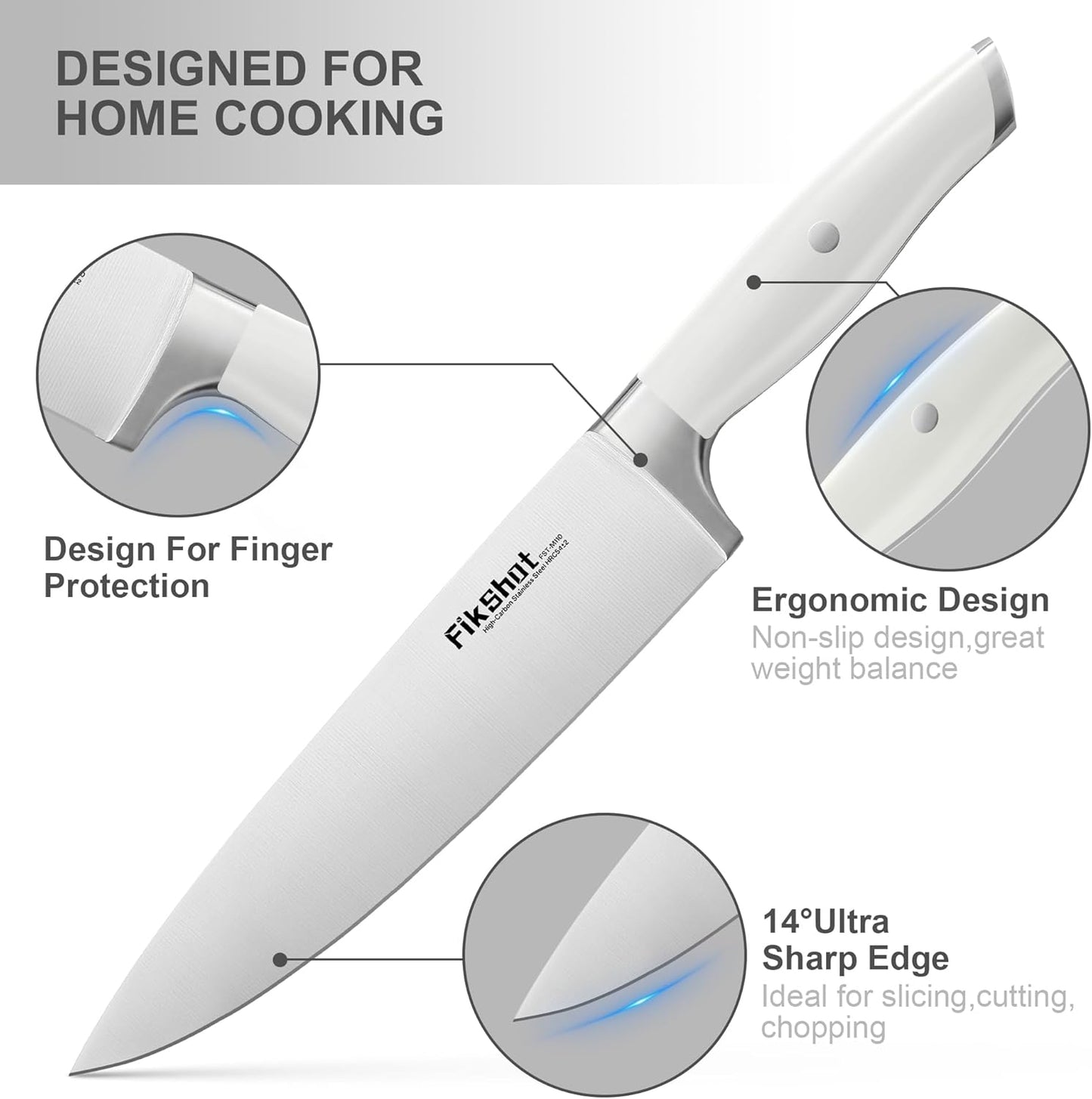 Knives Set for Kitchen, FIKSHOT 14PCS Kitchen Knife Set with Block, High Carbon Stainless Steel Full Tang Knife Sets Razor-Sharp Blade Professional Chef's Knife for Housewarming (WHITE)