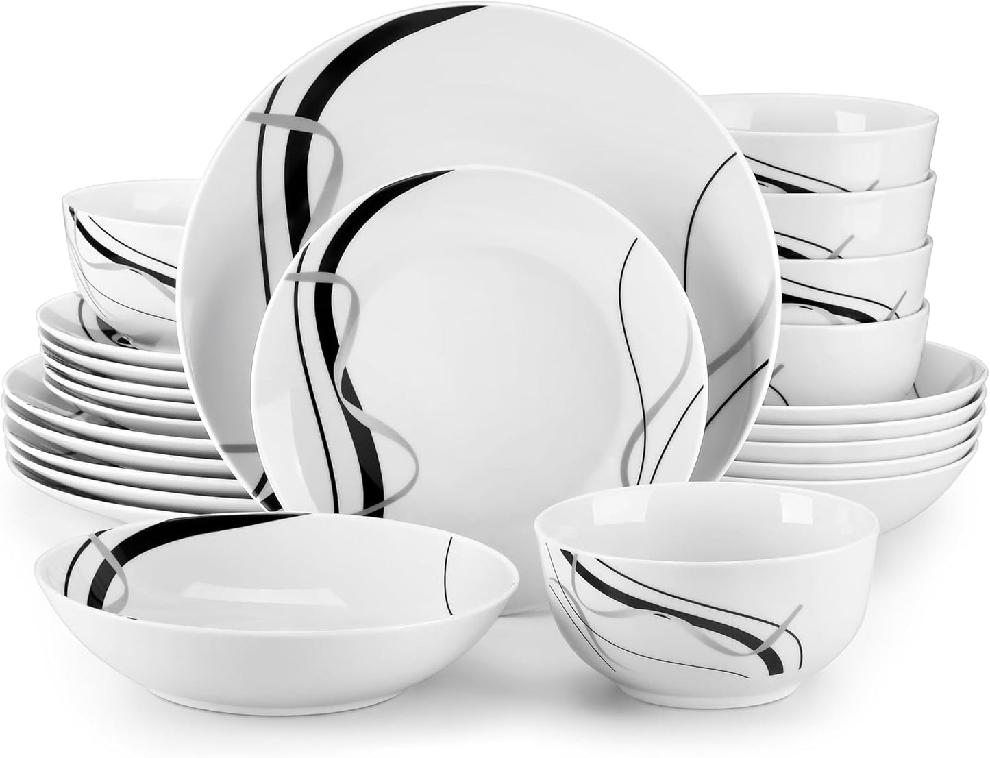 VEWEET Porcelain Dinnerware Sets for 6, 24 Pieces Plates and Bowls Set with Black and Grey Ribbon Lines, Dishes Set Dining Ware for Dinner, Microwave and Dishwasher Safe, Series FIONA