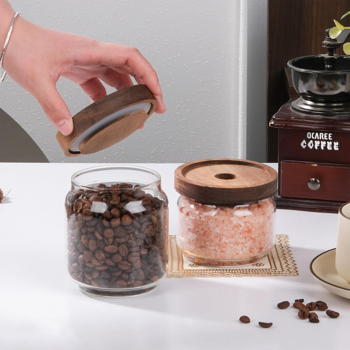 WHJY 10oz Glass Storage Containers with Wooden Lids Airtight Food Canister for Tea Sugar Dry Goods Clear Coffee Jars for Kitchen Pantry