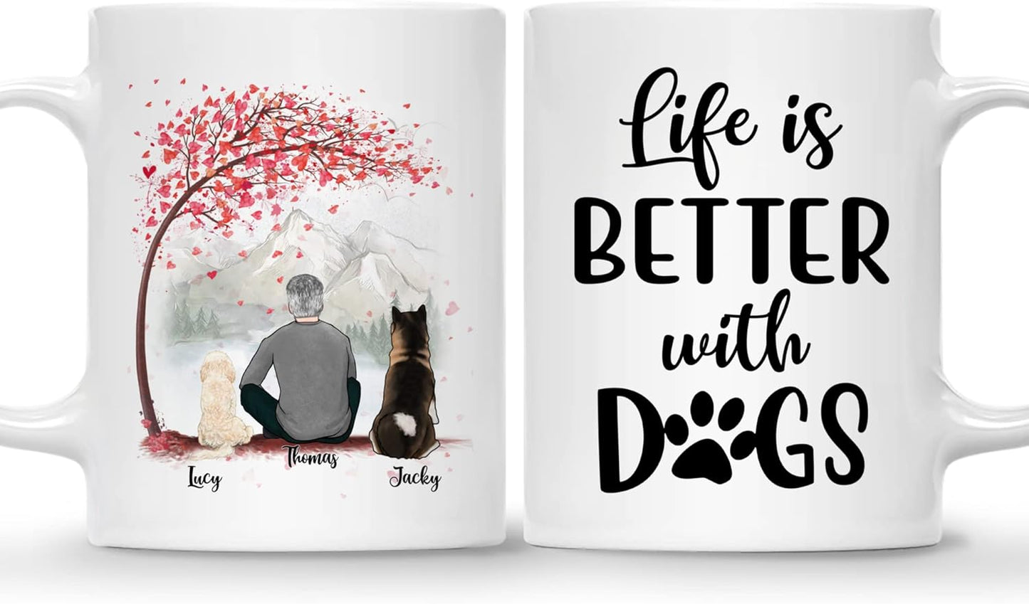 Gossby Personalized Dog Mug - Life is Better with Dogs (Man - 2 Dogs - Pink Tree) - 11oz, 15oz Custom Dog Dad Mugs Coffee with Names, Quotes - Customizable Dog Daddy Gifts for Dog Lovers, Owners