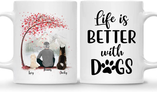 Gossby Personalized Dog Mug - Life is Better with Dogs (Man - 2 Dogs - Pink Tree) - 11oz, 15oz Custom Dog Dad Mugs Coffee with Names, Quotes - Customizable Dog Daddy Gifts for Dog Lovers, Owners