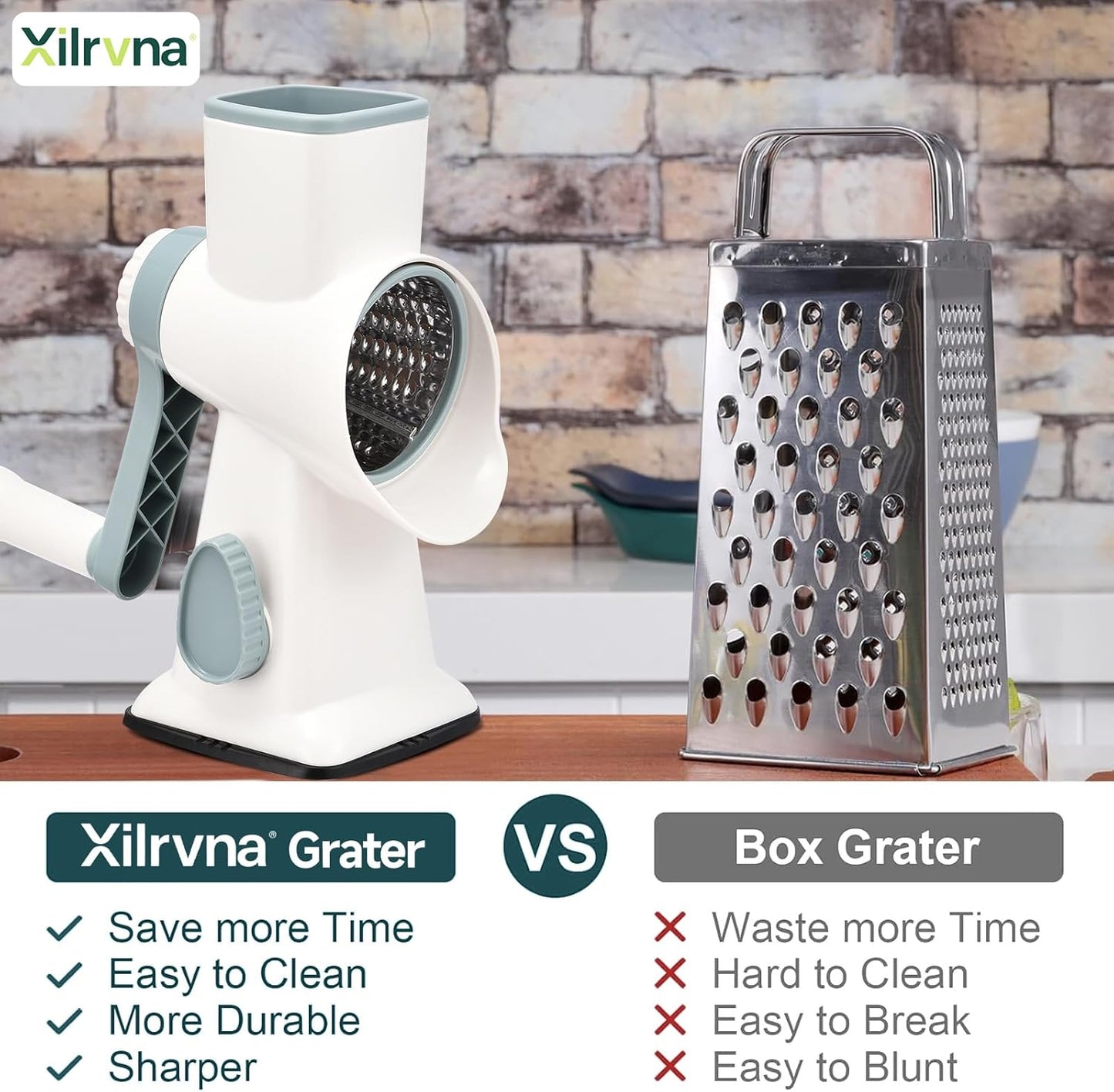 Rotary Cheese Grater with Handle Kitchen Shredder Slicer Grater Slicer Ice Shaver Cheese Vegetable Nuts Potato Zucchini Chocolate 3 Interchangeable Blades (WhiteBlue)