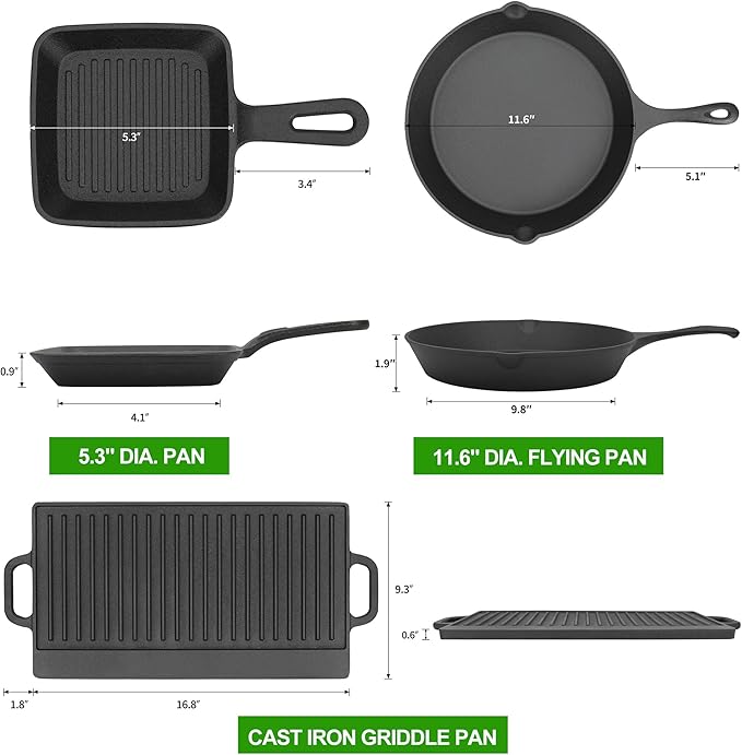 8 Piece Pre-Seasoned Dutch Oven Cooking Set Cast Iron Camping Kitchen Cookware Bakeware Skillets & Square Grill Pan w/Vintage Carrying Wood Box for Ourdoor Home BBQ Baking