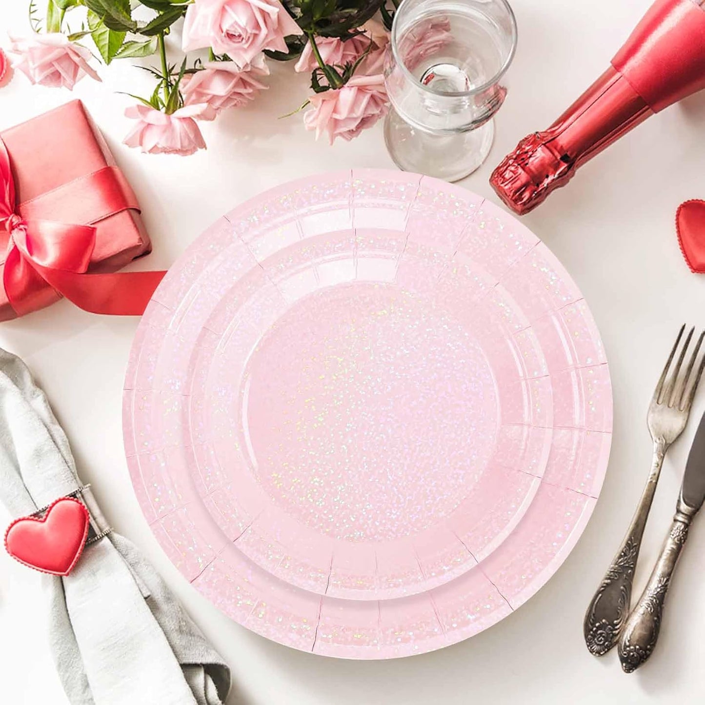 50 Pcs Iridescent Light Pink Paper Plates 25 × 7'' and 25 × 9'' Disposable Pink Shiny Holographic Foil Dinner Plates for Wedding Baby Shower Birthday Disco Party Glitter Dessert Plate