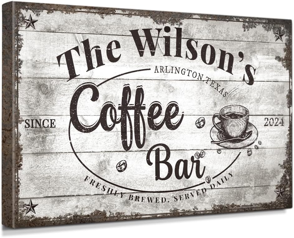 IPIC - Custom Coffee Bar Sign, Large Personalized Canvas Wall Art with Family Name, Vintage Coffee Station Wall Decor Gift for Home or Business, Made in USA