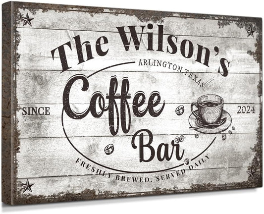 IPIC - Custom Coffee Bar Sign, Large Personalized Canvas Wall Art with Family Name, Vintage Coffee Station Wall Decor Gift for Home or Business, Made in USA