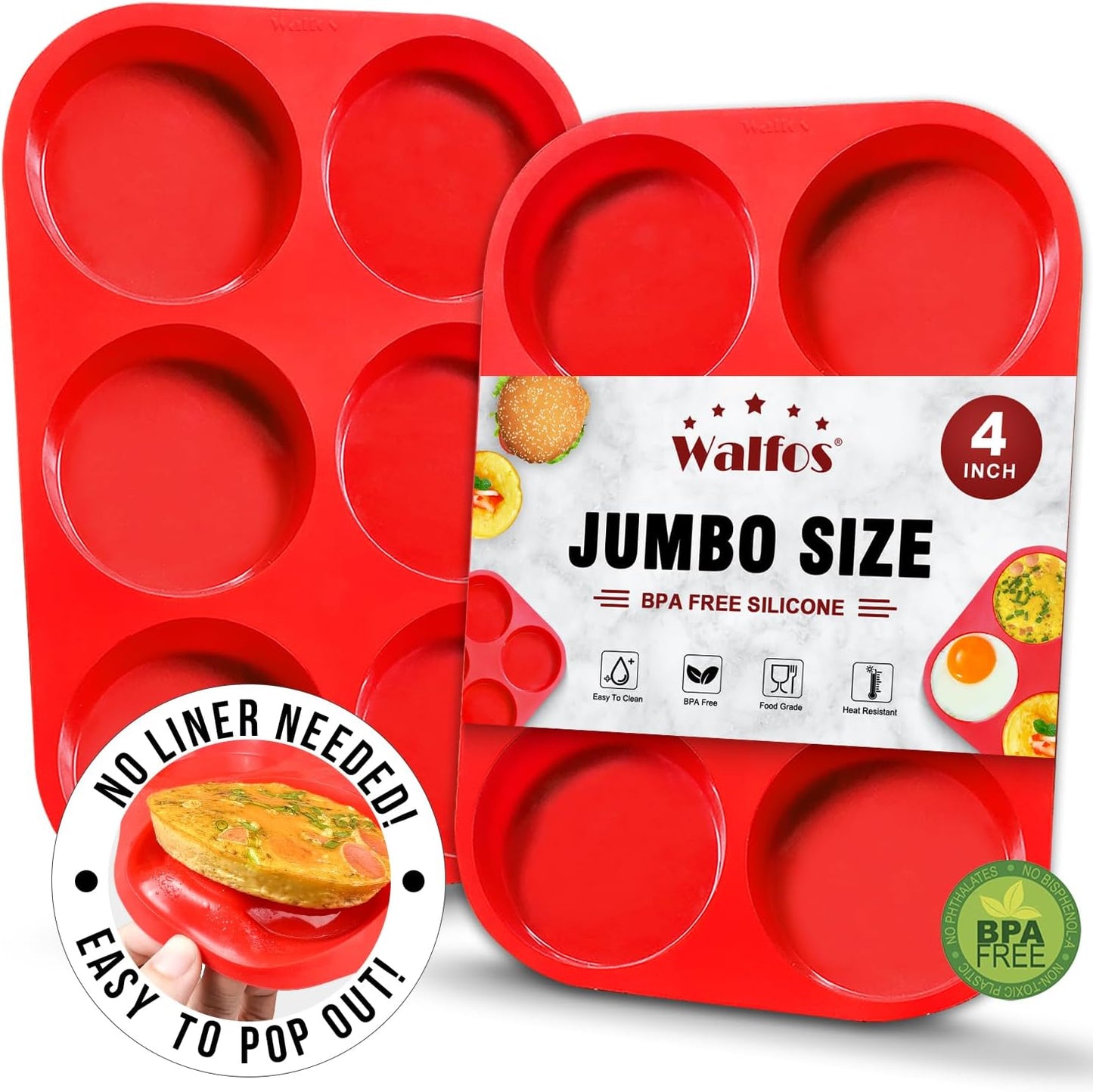 Walfos Silicone Muffin Top Pans for Baking 4inch Jumbo Size, Perfect Results Premium Non-Stick Bakeware Egg Baking Pan, Great for Eggs, Hamburger Bun, Muffin Top and More, Food Grade & BPA Free, 2pcs
