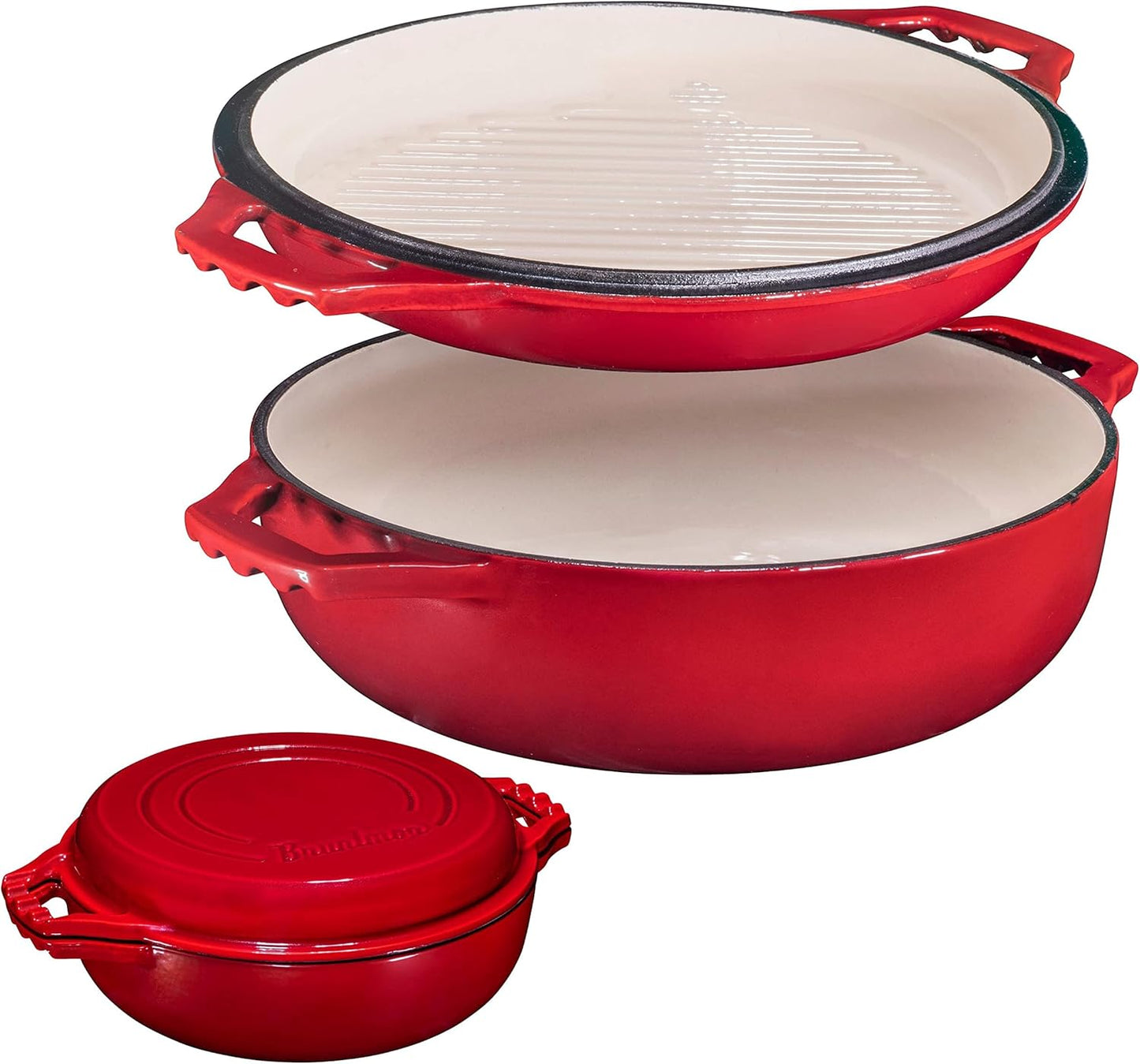 Bruntmor 2-in-1 Pre-Seasoned Cast Iron Pan |Cocotte Double Braiser Pan with Grill Lid 3.3 Quarts - Barbecue Grill Non Stick Frying Pan - Nonstick Cookware Set with Wide Handle (Red)