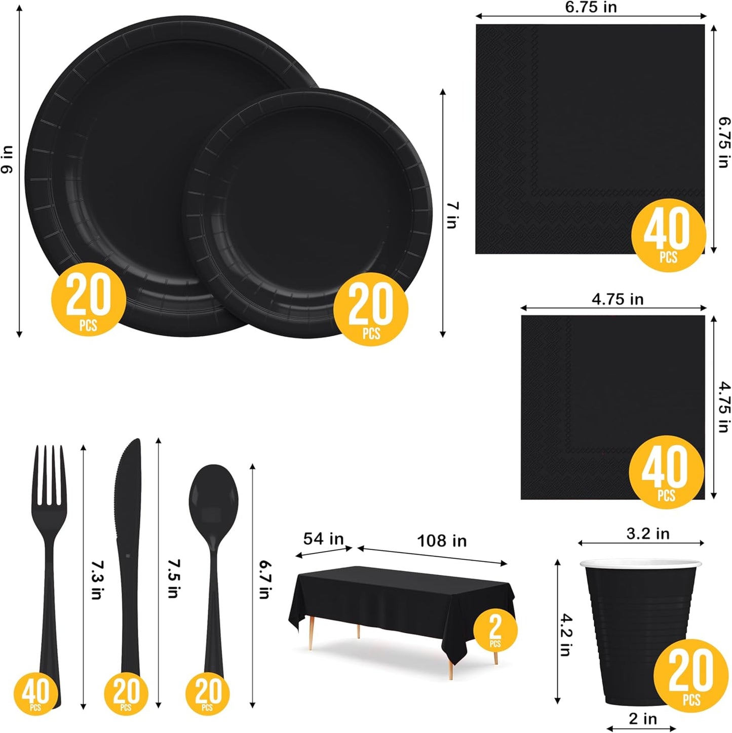222 Pcs Black Paper Plates and Napkins Sets, Disposable Plates For Party, Lunch & Cocktail Napkins Paper, 18oz Plastic Cups, Cutlery and Black Table cloth Plastic Dinnerware Set