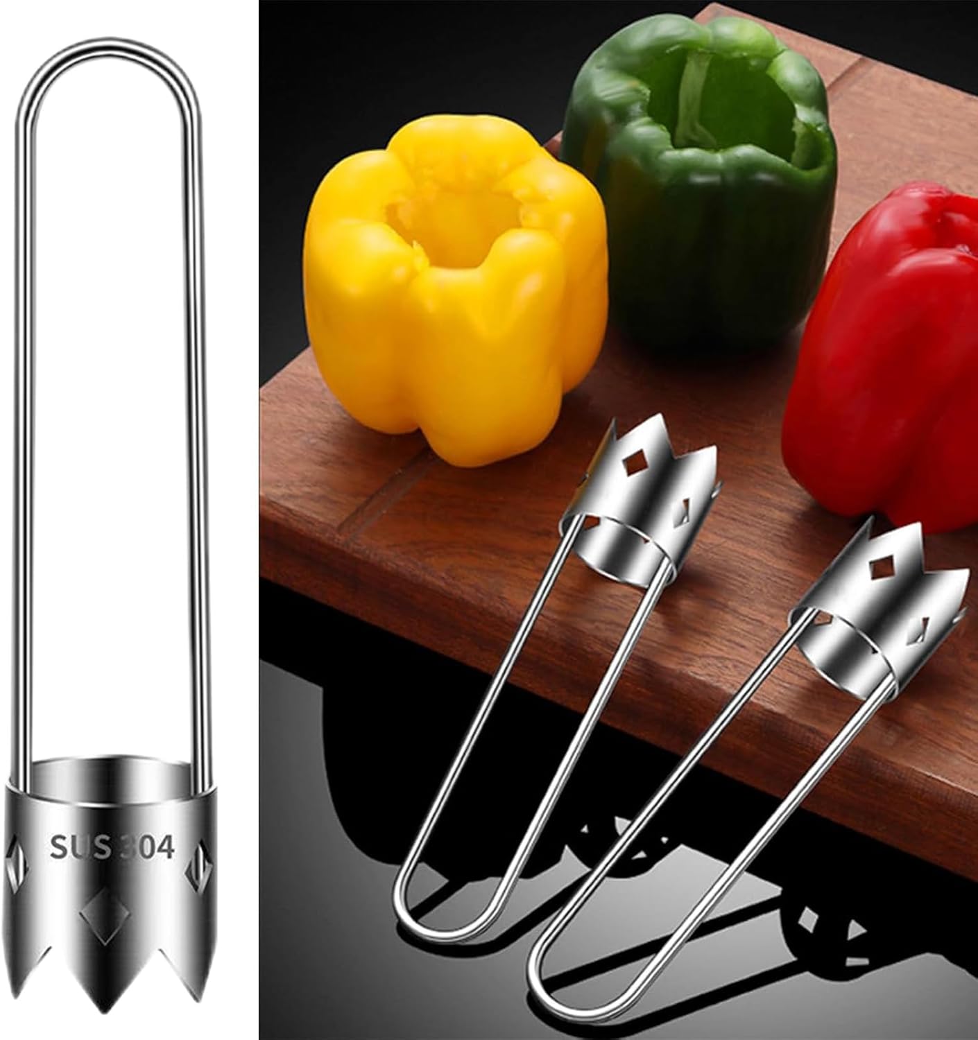 Red Bell Pepper Corer Seed Remover Tool- Pepper, Pineapple, Pear,Apple Corer - 304 Stainless Steel, Rust Resistant, Designed for a Wide Range of Fruits and Vegetables-Easy to Clean