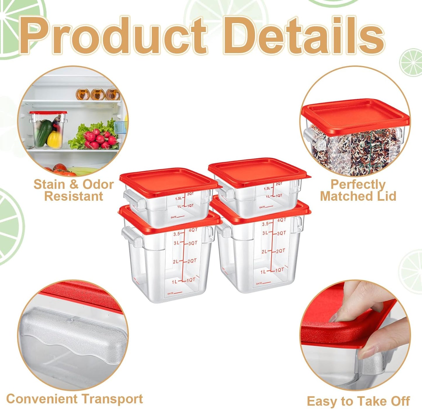 Barydat 4 Pcs Food Storage Container with Lids 2Qt and 4Qt Square Commercial Containers with Scales and Handles Polycarbonate Clear Food Storage for Kitchen Proof Dough Marinating Meat(Red)