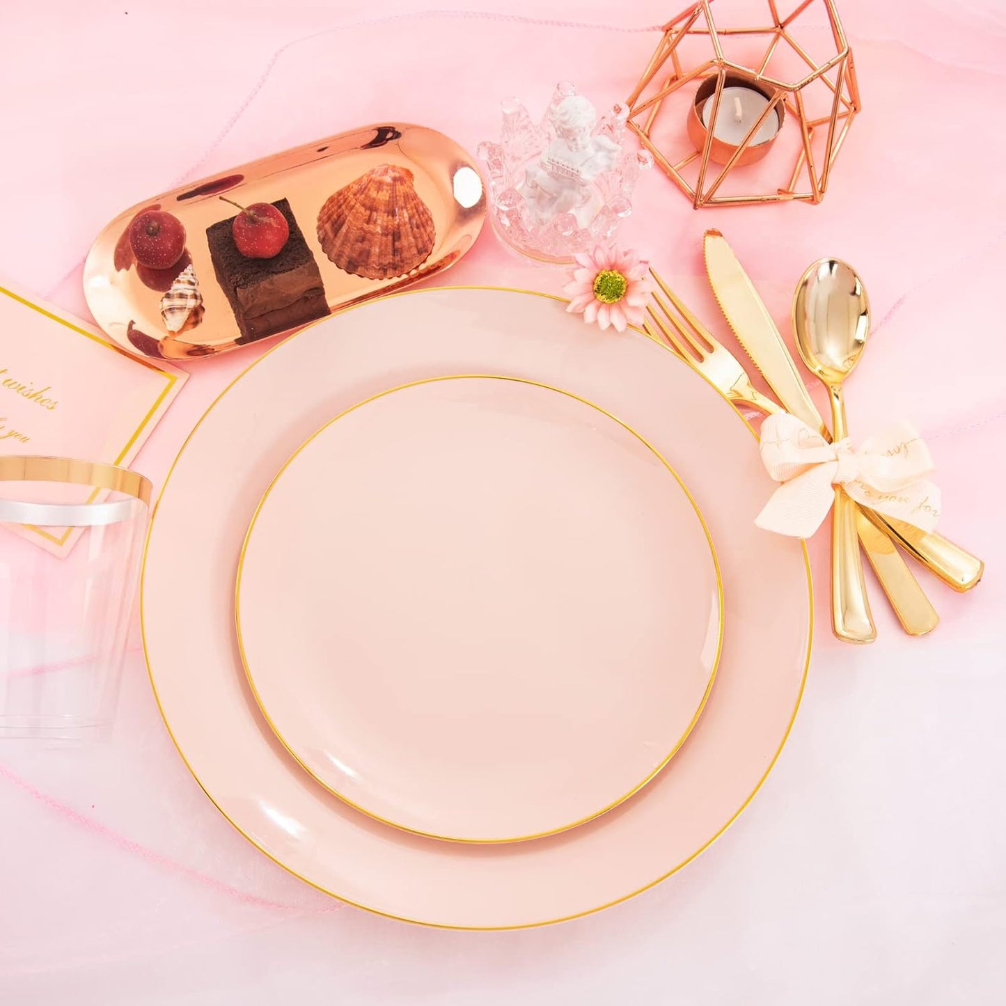 LIYH 180 Pcs Pink Plastic Plates - Disposable Dinnerware Set, Pink Dinner Plate Dessert Plate,Gold Plastic Silverware Cups for Weddings,Birthday Party 30 Guests
