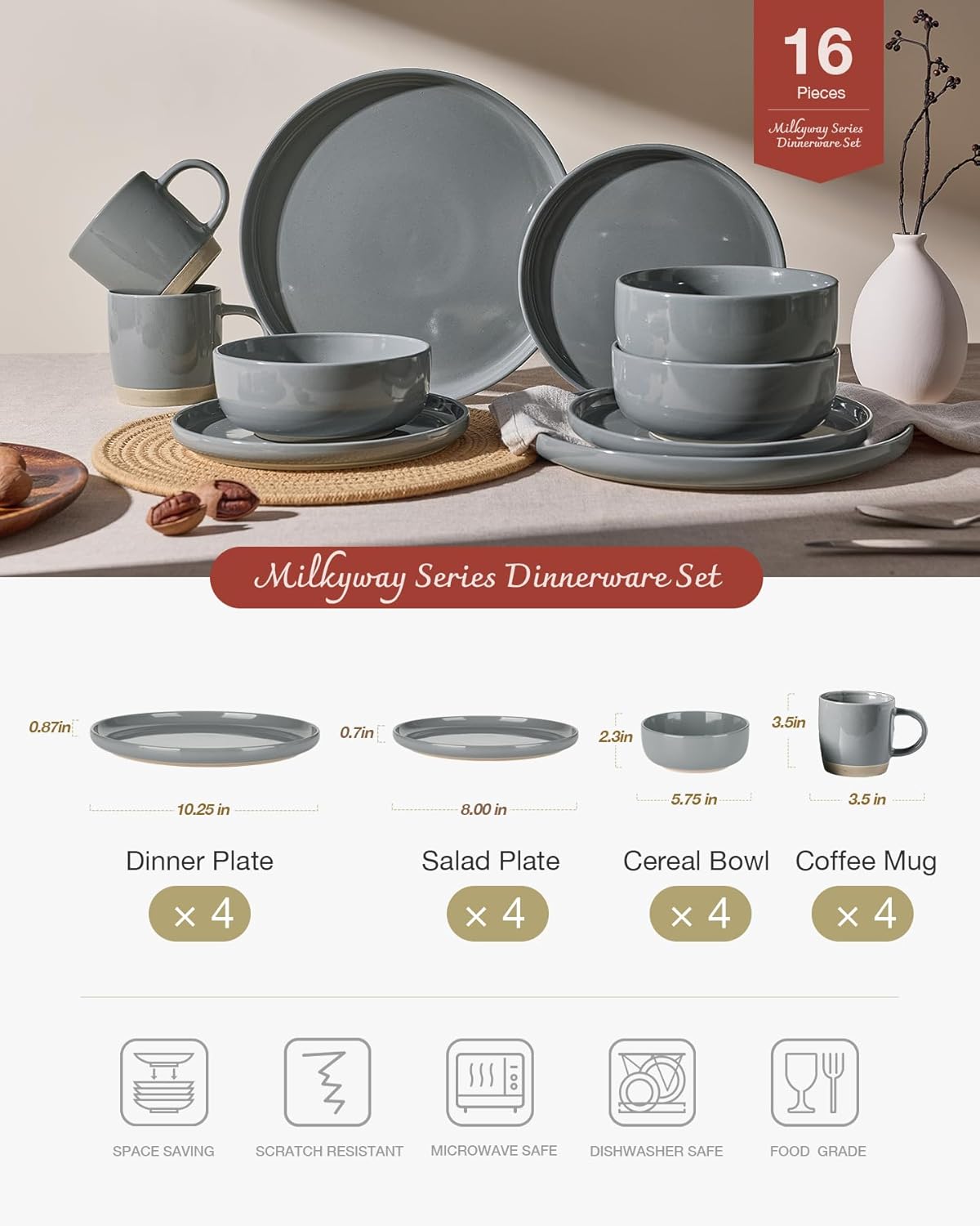 Famiware Milkyway Dinnerware Set with Mugs, Service for 4 (16pcs), Ribbed Stoneware Plates and Bowls Dishes Sets - Chip & Scratch Resistant, Microwave & Dishwasher Safe, Dark Gray