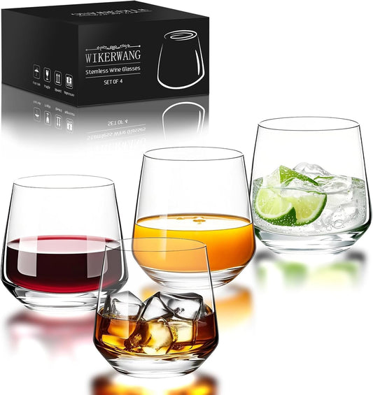 Stemless Wine Glasses Set of 4, 13.5oz, Crystal Clear Red White Wine Glasses for Daily Use, Lead-free, Dishwasher Safe, Glasses Drinking Set, Ideal for Home Bar, Parties & Gifts