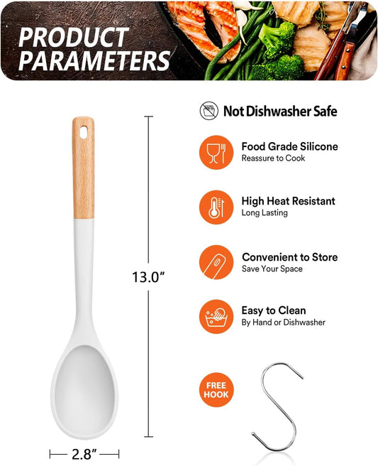 Large Silicone Cooking Spoons, Nonstick Solid Wooden Handle Spoon, Heat Resistan Silicone Kitchen Spoons for Cooking, Serving, Basting, Mixing, 13.2inch (WHITE)