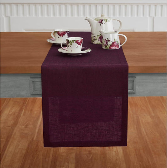 Solino Home Linen Short Table Runner 60 Inches - Athena, 100% Pure Linen Chambray Burgundy Table Runner 14 x 60 Inch Ideal for Dresser and Coffee Tables - Fall, Halloween, Thanksgiving, Christmas