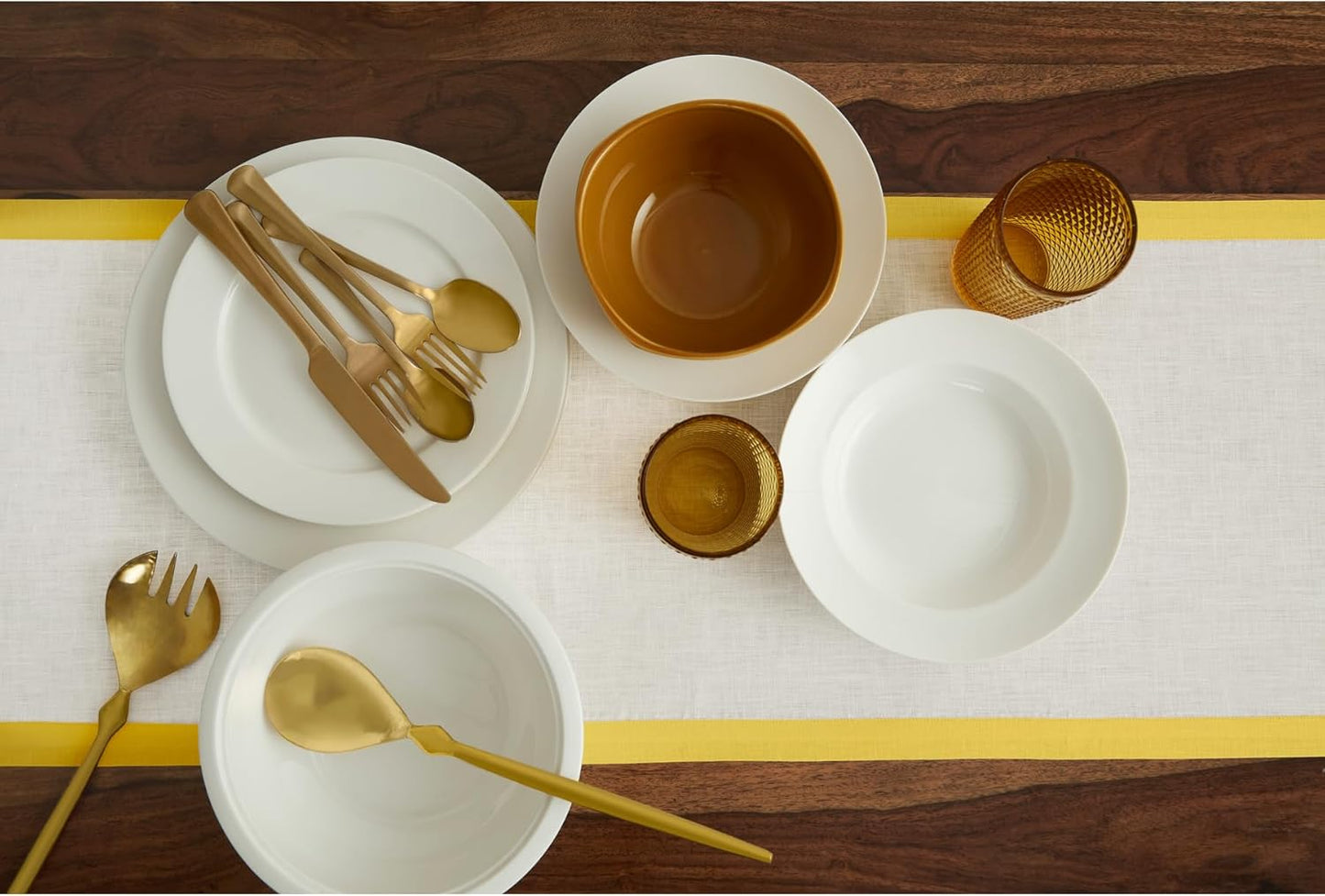 Solino Home Linen Table Runner 90 Inches Long - 100% Pure Linen Sunshine Yellow and White Dining Table Runner 14 x 90 Inch - Classic